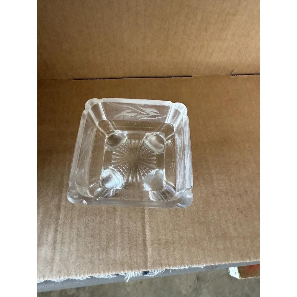 Vintage Glass‎ Square Footed Trinket Box Etched Design